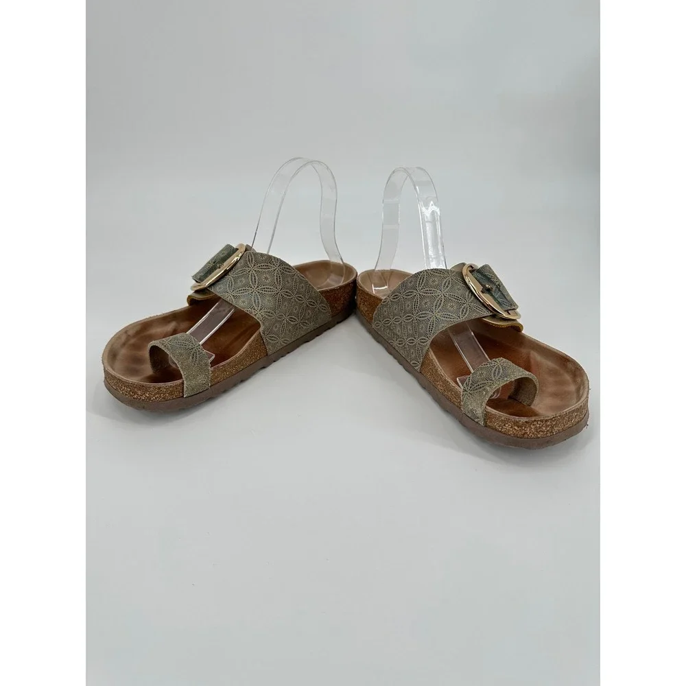 Birkenstock Miramar Hex Blue Big Buckle Sandals Gold Geometric Women's 38 RARE